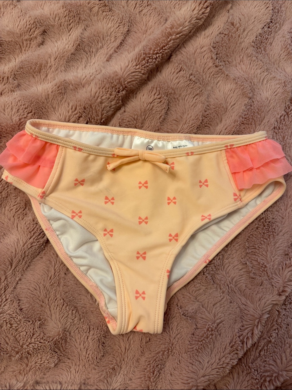 Hanna Andersson Kids Peach Bow Print Bikini Bottom with Pink Ruffle